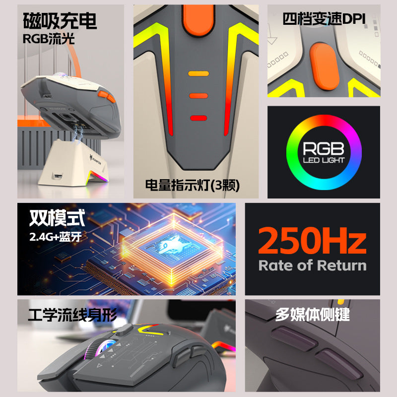 Dazzling silver fox h2 rechargeable rgb illuminated mouse - bluetooth wireless dual-mode mouse - lightweight laptop gaming mouse for esports