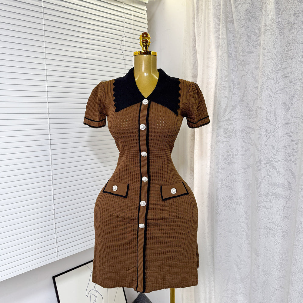 Frenchretrofashionablecontrast colorpolo collar short-sleeved dress women's summer metal buckle waist slimming lookknitting skirt