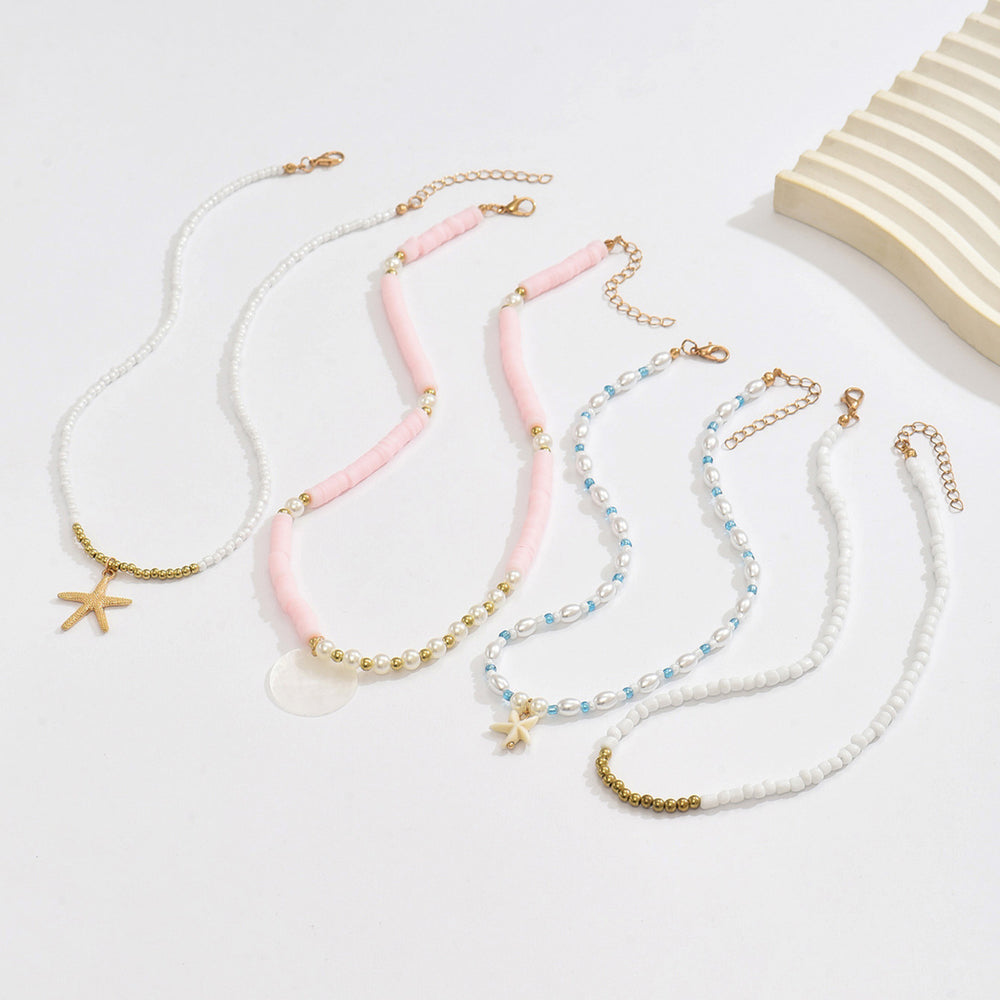 European and american summer bohemian pink polymer clay pearl beaded necklace set - ocean element starfish layered necklaces