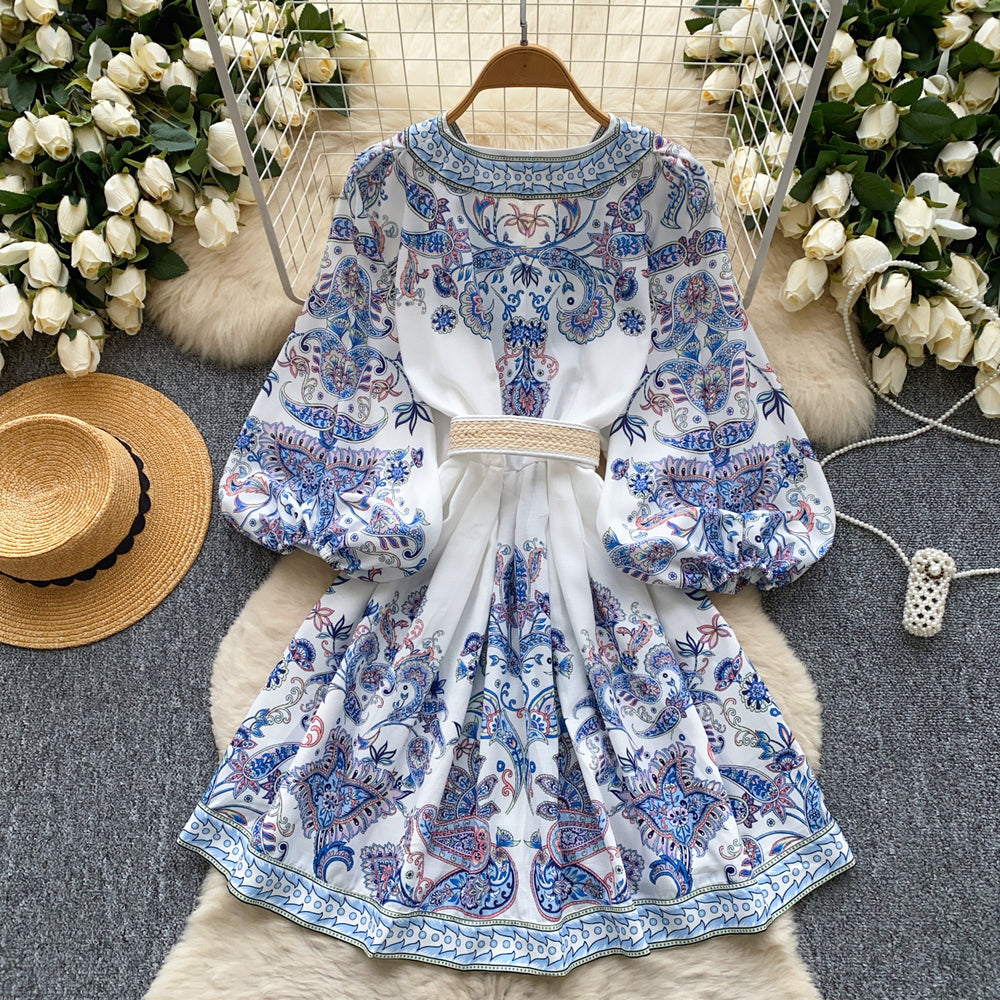 Palace style dress for women new arrivalfashionretrov neck lantern sleeve waist printing a line dress short skirt