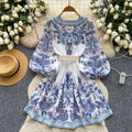 Palace style dress for women new arrivalfashionretrov neck lantern sleeve waist printing a line dress short skirt