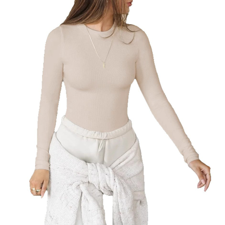 2025 new Y2K clothes threaded crew neck long-sleeved T-shirt women's bottom outer wear slim fit front shoulder Spice girl top pure desire