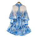 French spring new arrivaldress women's strap waist stand collar lantern sleeve single breasted waist ruffles printing skirt