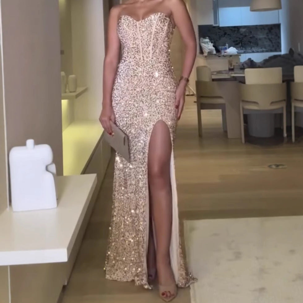 spring collection: new cross-border export product - iridescent sequin back tie-up bustier style side slit bandeau fishbone evening gown