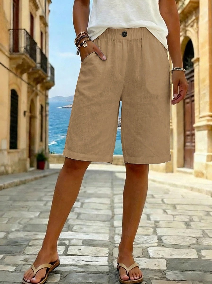 european and american  new women's faux cotton linen shorts - summer casual everyday mid-rise solid color shorts
