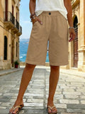 european and american  new women's faux cotton linen shorts - summer casual everyday mid-rise solid color shorts