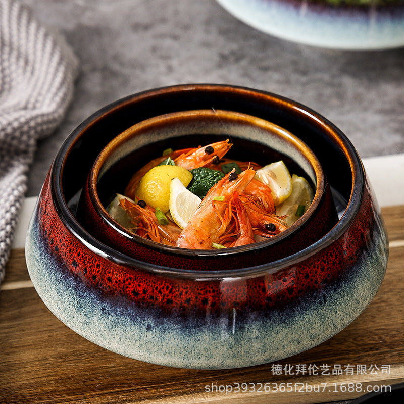 Japanese style creative tableware kiln-turned bowl, household salad bowl, dessert bowl, tall conical bowl for serving dishes