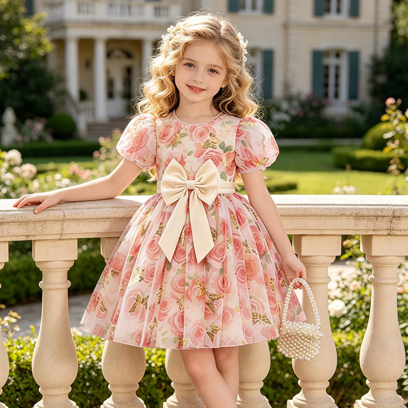 Girls' summer new sweet floral print bubble sleeve dress - perfect for girls' birthday parties - french style cross-border fashion