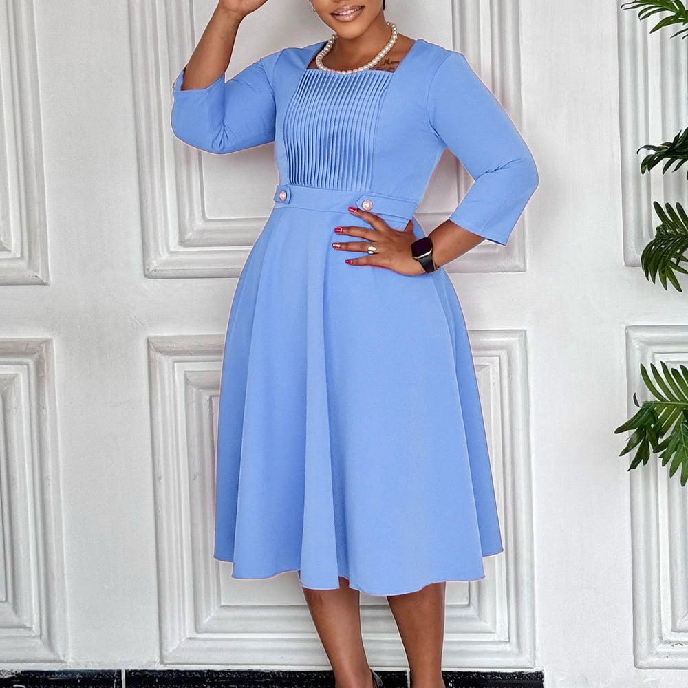 D3353export women's clothing fashionfashion square collar pure color pleatedfashionplus sizehigh waist africandress