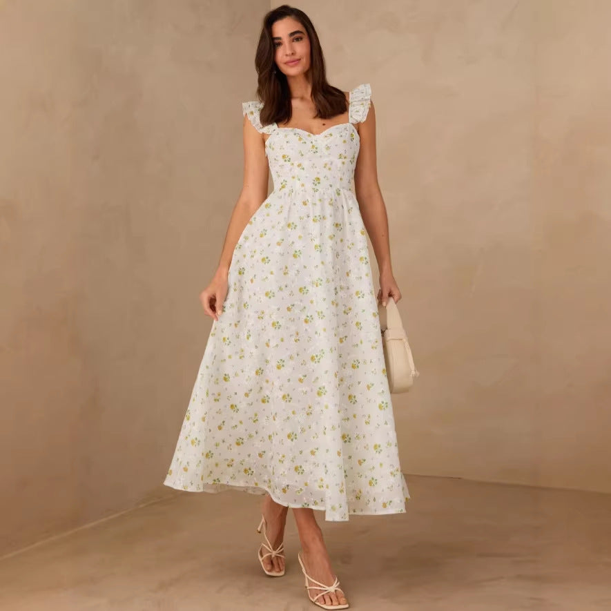 european and american cross-border new women's fitted french floral maxi dress