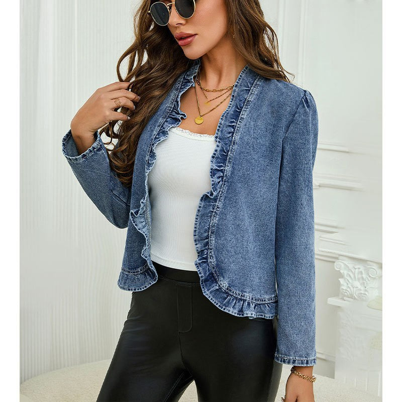 1688 source factory ruffle hem denim cropped jacket women's new collarless open front cardigan top buttonless light blue outerwear