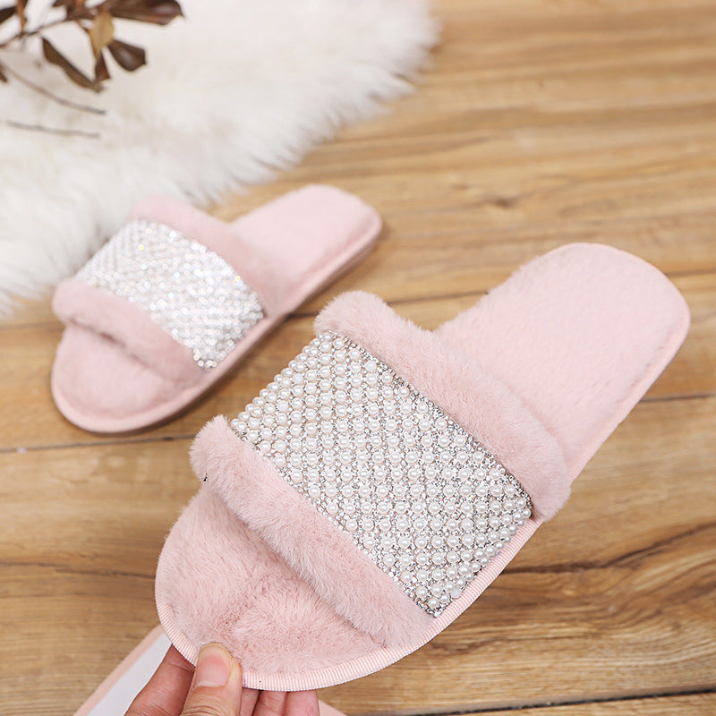 Fall and winteroutwear bunny fur open toe flip flops pearl rhinestone fur slippers women's indoor wooden floor cotton slippers