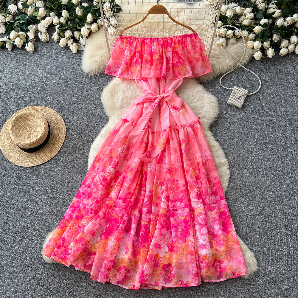 Frenchromantic style one shoulder rufflesprintingdress women's summerk-style floral waist slimming look a-line skirt