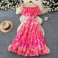 Frenchromantic style one shoulder rufflesprintingdress women's summerk-style floral waist slimming look a-line skirt