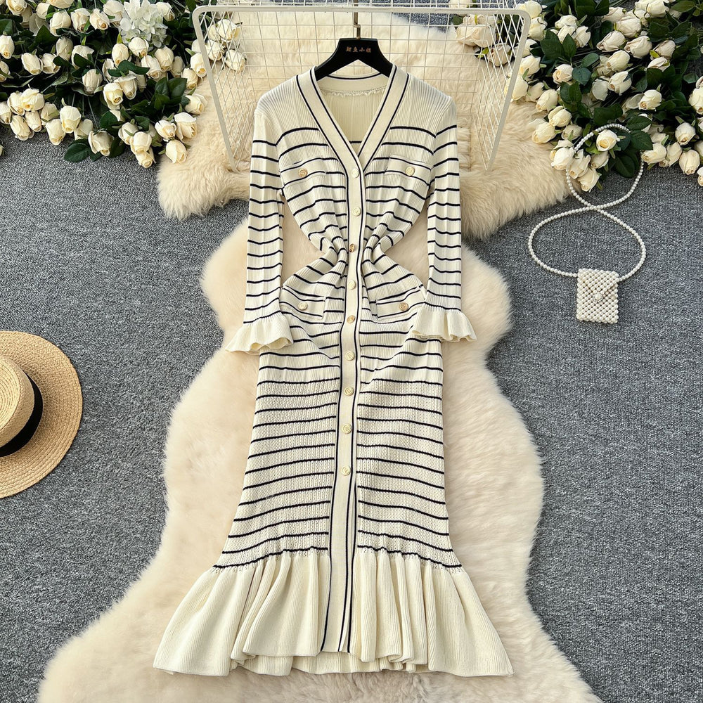 Elegant v-neck striped knit dress for women - perfect for cross-border e-commerce: autumn/winter, slim fit, ruffled hem, and stretchy