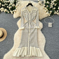 Elegant v-neck striped knit dress for women - perfect for cross-border e-commerce: autumn/winter, slim fit, ruffled hem, and stretchy