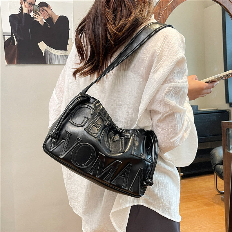 Thailand gentle woman drawstring bag women's 2026 new embossed letter shoulder bag trendy tote bag