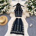 Xiaoxiangfengclassy heavy industry hot diamond halter sleeveless vest women's high waistslimming looka-line skirtsummersuit