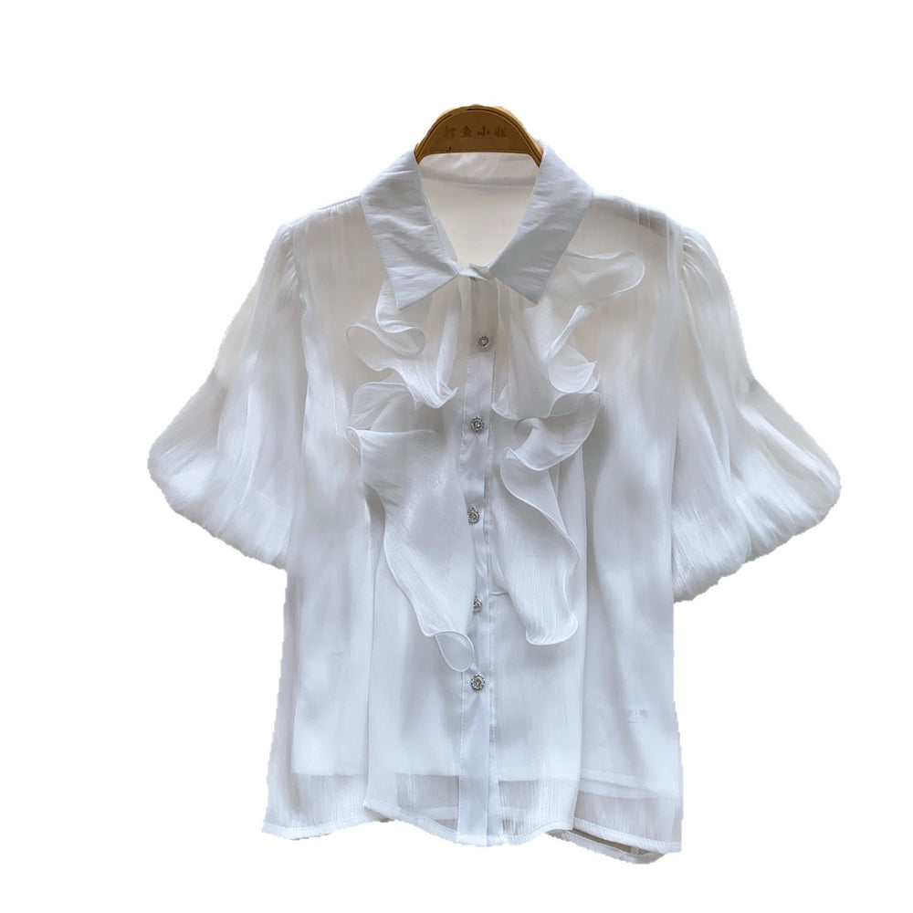 French court style breathable ruffle blouse - women's short sleeve lantern sleeve single-breasted satin-like commute top