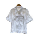 French court style breathable ruffle blouse - women's short sleeve lantern sleeve single-breasted satin-like commute top