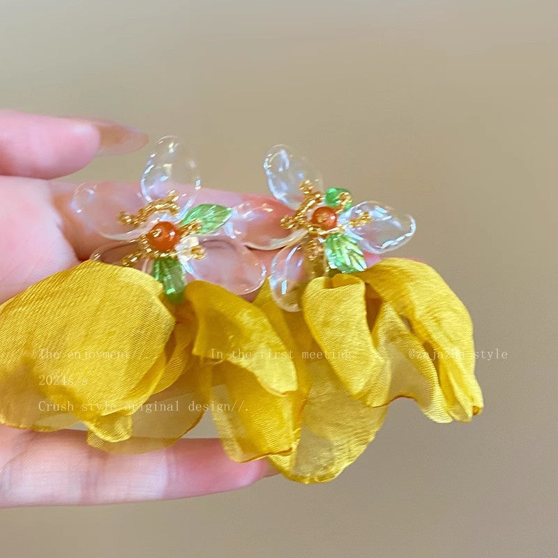 Vacation-style yellow floral fabric earrings for women, beachy colorful face-framing small earrings, statement earrings, unique and eye-catching ear accessories