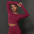 fashion seamless tight pure color pleated sports long sleevestops high elastic breathable running fitness yoga wear for women
