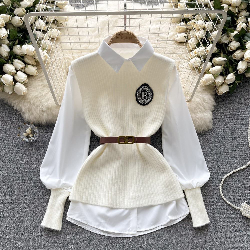 Preppy chic: women's luxury-inspired outfit set - solid color, relaxed fit long sleeve blouse + knit vest (autumn/winter)