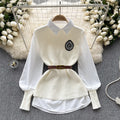 Preppy chic: women's luxury-inspired outfit set - solid color, relaxed fit long sleeve blouse + knit vest (autumn/winter)