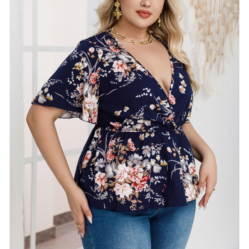 plus size cross-border new arrival  women's original elegant v-neck printed blouse