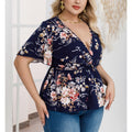 plus size cross-border new arrival  women's original elegant v-neck printed blouse