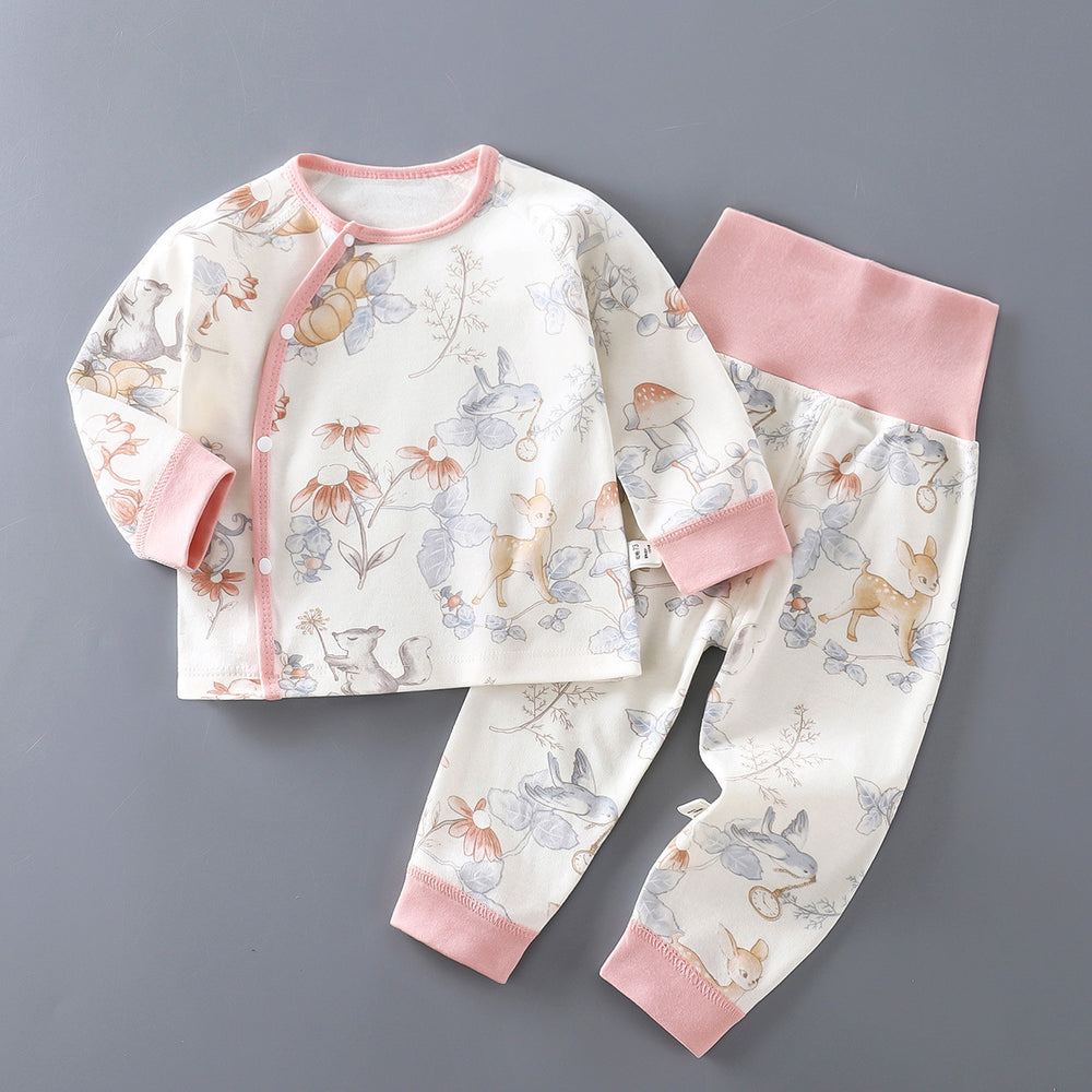 Newborn baby underwear set, all-cotton seamless thermal underwear, cute cartoon design, high-waisted pants for baby, belly protection