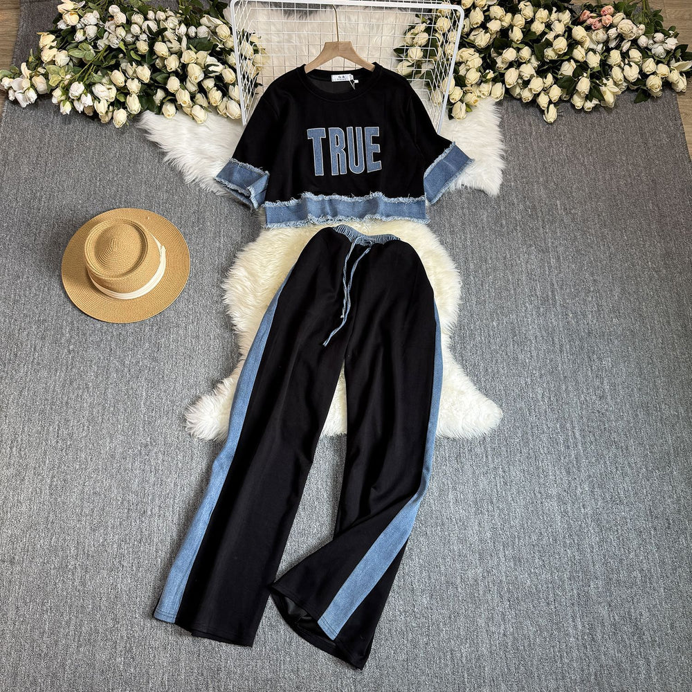 summer women's loose fit short sleeve pullover top and wide leg pants color block two-piece activewear set
