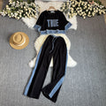 summer women's loose fit short sleeve pullover top and wide leg pants color block two-piece activewear set