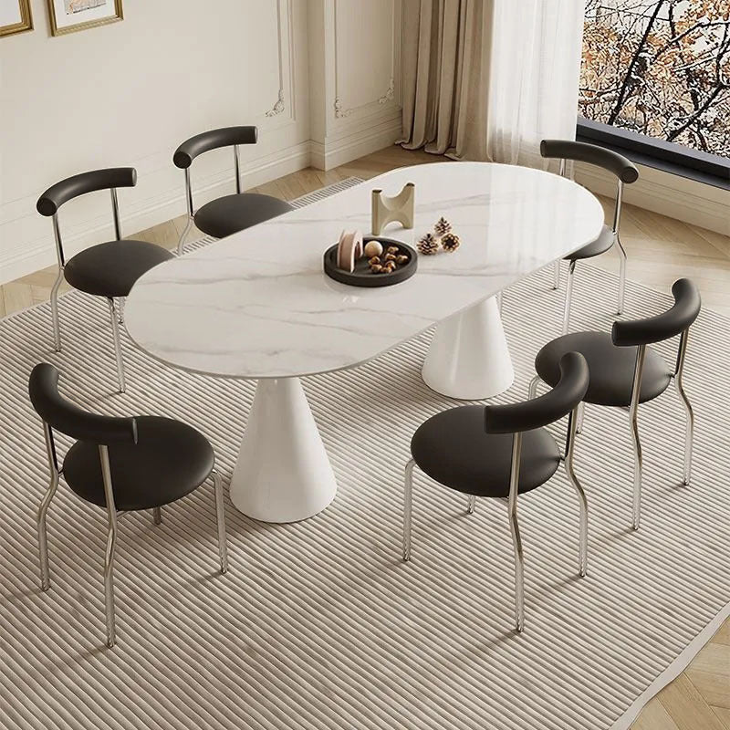 Luxury modern minimalist small apartment home oval dining table french cream style sintered stone dining table and chair set