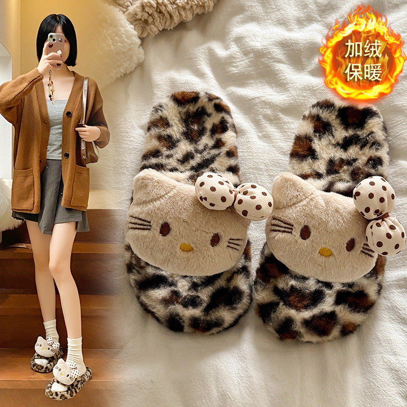 Cream style cute bowskt cat fur slippers women's new autumn winterthick solefleece-lined one-line leopard print cotton slippers