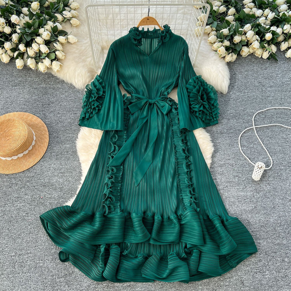 Miya european and american style dress - women's spring collection - high-end, 3d floral design, tie-waist, ruffle hem, pleated maxi dress