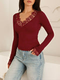 European and american cross-border hot-selling spring new women's solid color fashion v-neck lace trim patchwork waist-defining slim-fit top