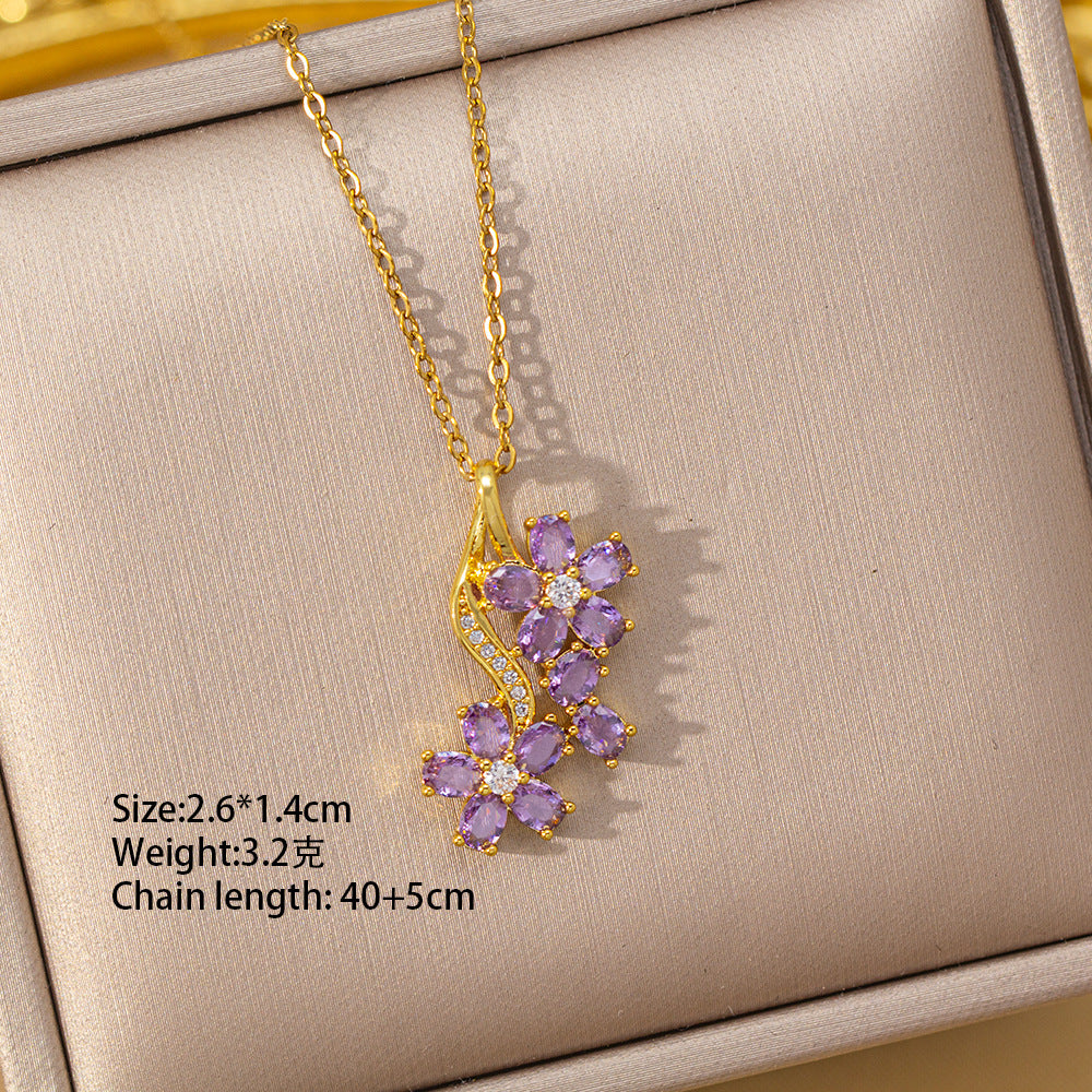 [copper inlaid with zirconium] cross-border popular diamond-filled titanium steel flower necklace for women, high-end, accessible luxury fashion clavicle chain jewelry