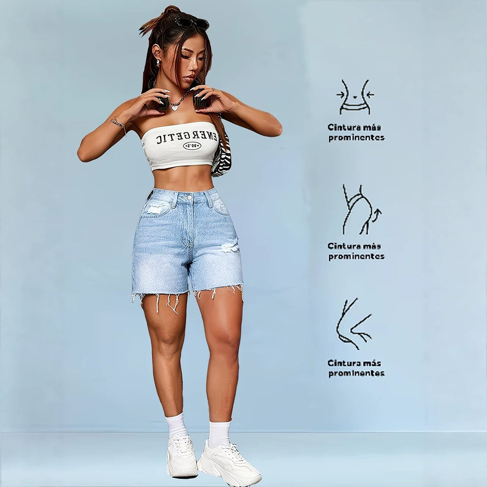 European and american retro washed denim shorts for women - high waist, distressed, raw hem, stretchy, summer versatile, slimming straight leg