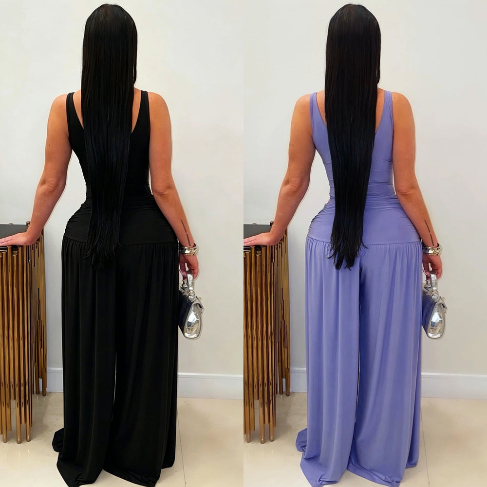 C7779 cross-border  new women's solid color u-neck high-waisted slim-fit wide-leg jumpsuit - sexy & spicy casual romper