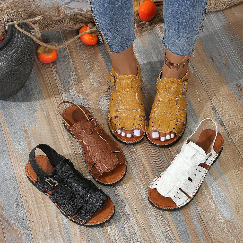 Exportplus sizenew arrival belt buckle flatscut out sandals women's retro style outwearpure color beach sandals and slippers