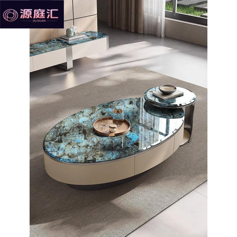 Italian light luxury crystal stone coffee table - modern minimalist home creative stainless steel microcrystalline stone oval/small round coffee table