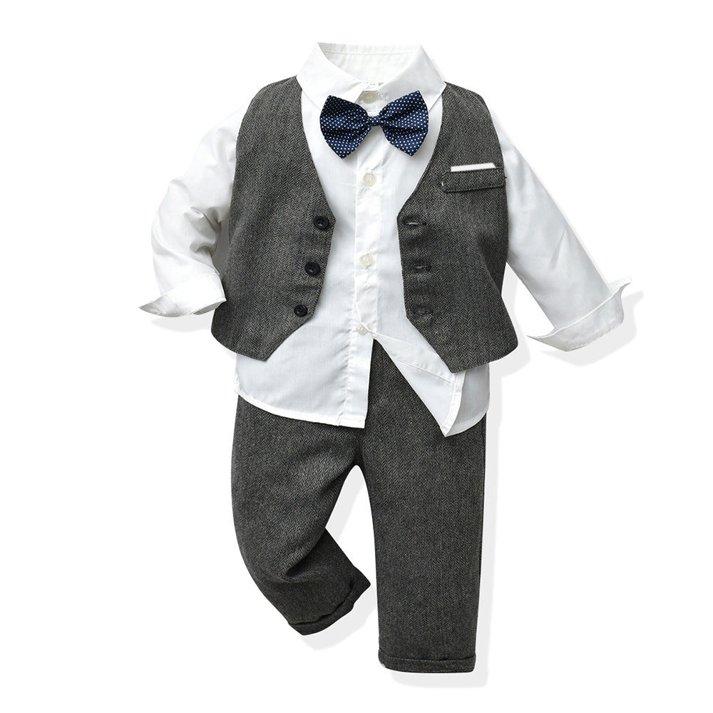 Kids' vest three-piece set: first birthday outfit with bow tie, long-sleeve shirt, and british style gentleman's dress for baby boys - autumn trend