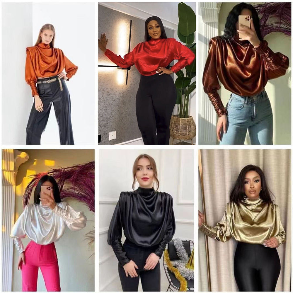 Special offer supply export women's woven topsfashionloose high collar long sleevesslimming lookshorttopsfashion popular