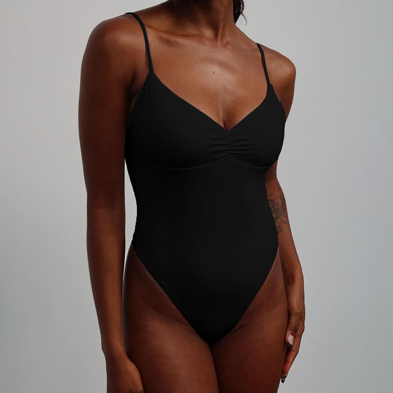 Summer European and American  women's clothing sexy backless adjustable shoulder strap onesie basic fashion pleated V-neck suspenders