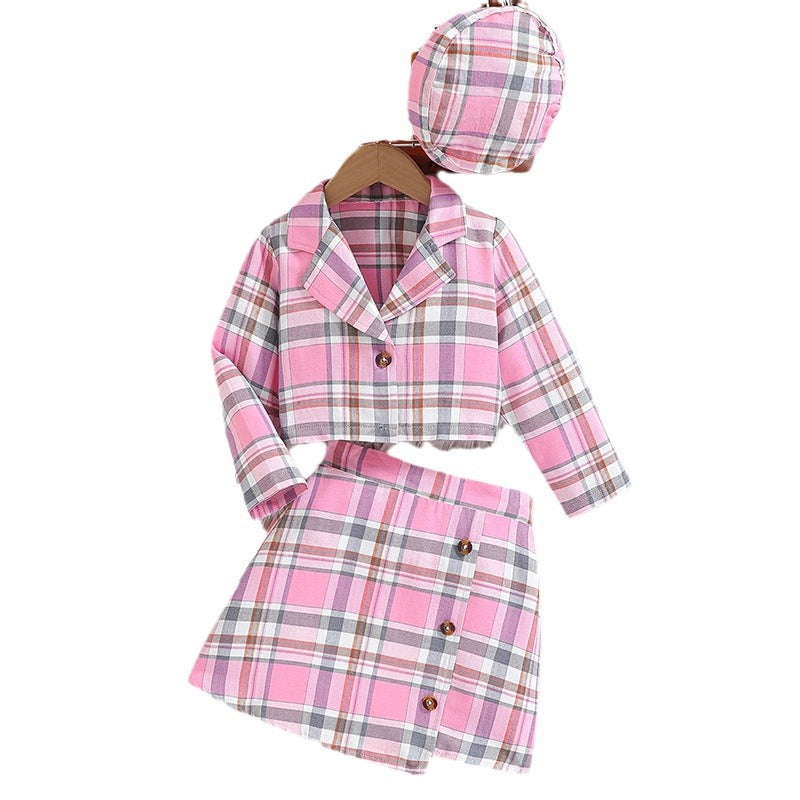 Spring & fallgirlplaidsuittwo-piece setk-style gray pink plaid lapel preppy style hat suit children's skirt