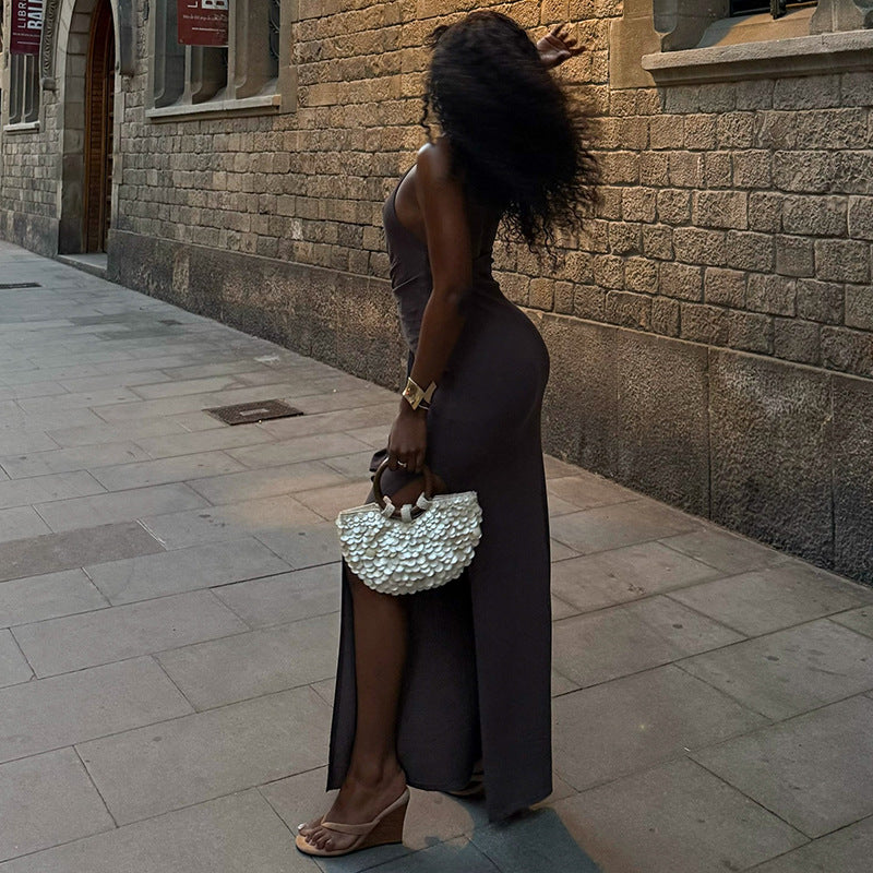 Fashion style pure color silm women's backless sexy street hip skirt slit hanging collar sleeveless strap long dress