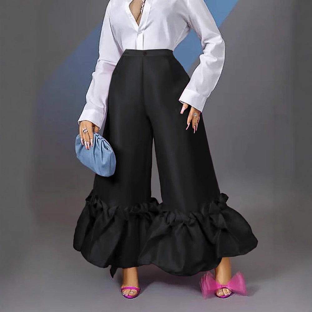 Am220521high waist loose design ruffles wide leg flare pants high waist flare pants