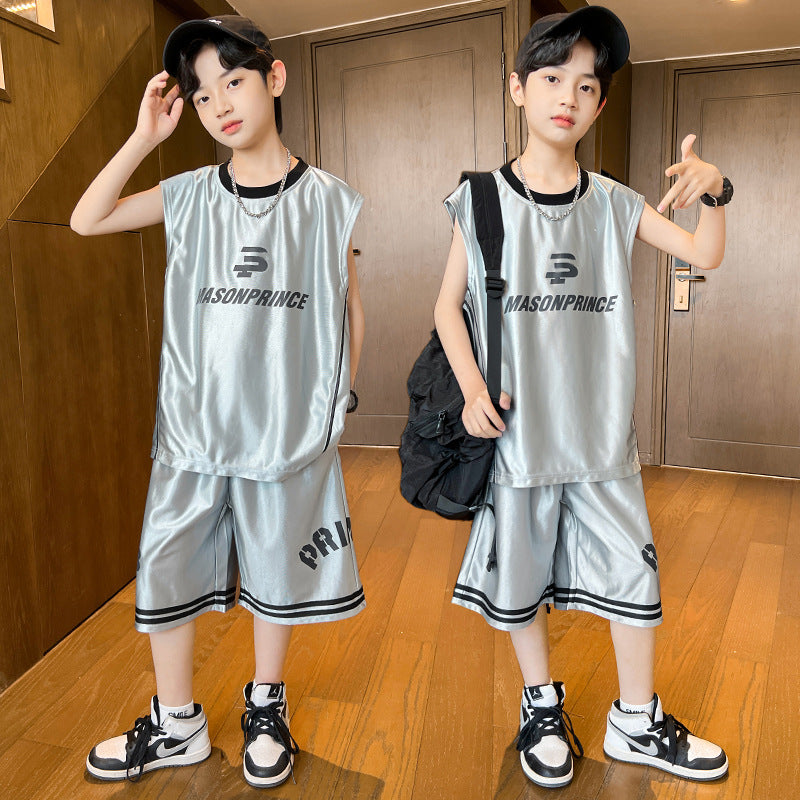 Boys'  summer new arrival: sporty letter print t-shirt & sleeveless set - trendy brand, relaxed fit, casual style