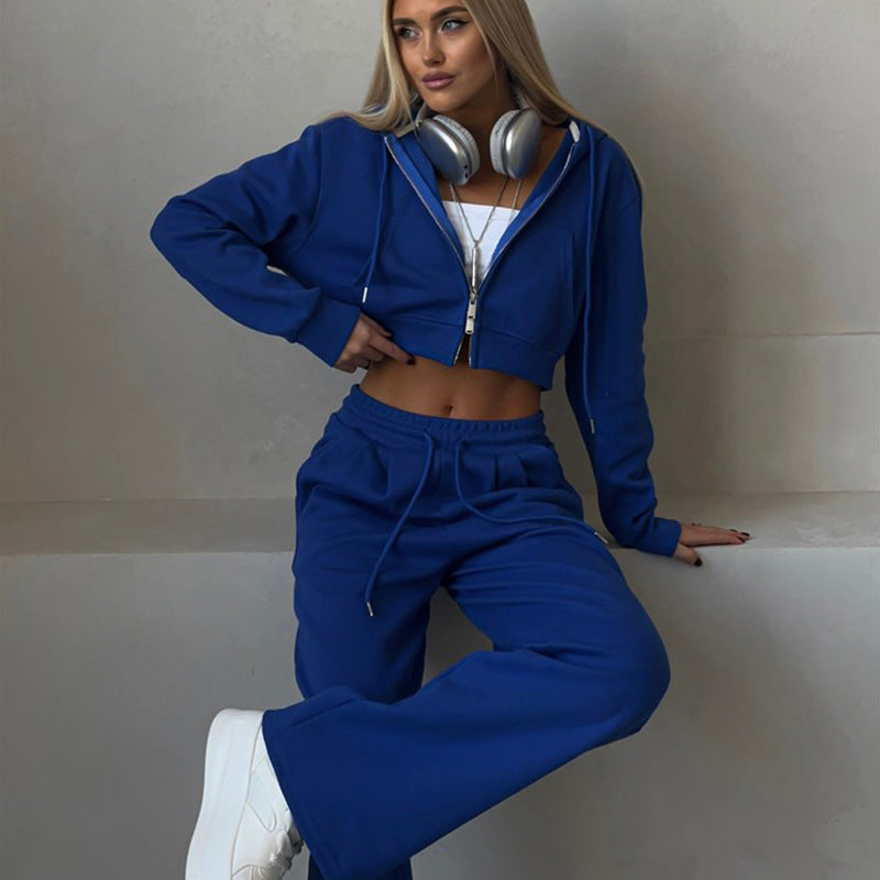 Europe, America,  autumn new women's casual suit solid color short waist hooded cardigan lace-up sweatpants